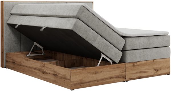 Boxspringbett, Doppelbett mit zwei 7 Härtezonen Multipocket-Matratzen, Bettkästen, Eiche Wotan Holzrahmen, Polsterbett mit Topper-Matratze - ALBERO 1 KING - 180 x 200 cm - Hellgrau Stoff - H4 Bild 5