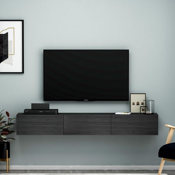 Hanah Home Stylish Black TV Stand, 180 cm Wide, 26 cm High, 31.4 cm Deep | 100% Melamine Coated Particle Board, 18 mm Thick | Perfect for Modern Living Rooms