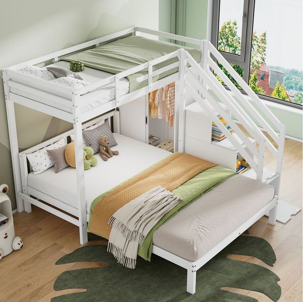 Flieks Etagenbett, Kinderbett 90x200cm+140x200cm mit Stauraumtreppe und Kleiderschrank