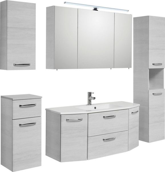 Saphir Badmöbel-Set Quickset 936 5-teilig, Mineralmarmor-Waschtisch mit LED-Spiegelschrank, (Set, 5-St), Badezimmer Set inkl. Türdämpfer, 9 Türen, 1 Klappe, 1 Schublade