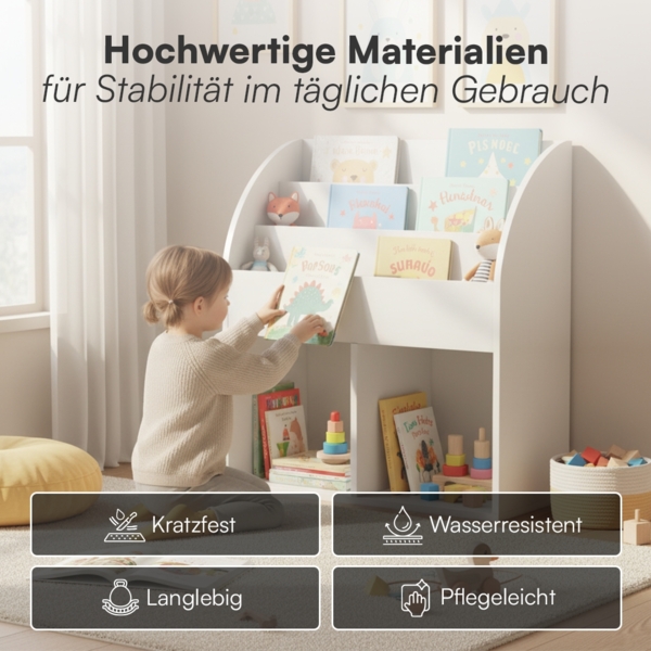 Bellabino 'Koro' Kinderbücherregal, weiß, Kinderregal mit 3 Fächern für Bücher und 2 Fächern für Boxen, inkl. 2 Faltboxen (Affe/Löwe) Bild 5