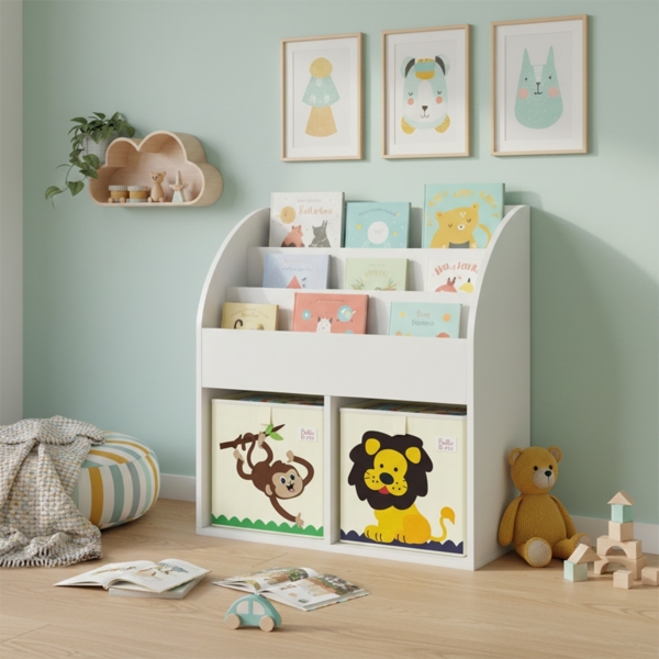 Bellabino 'Koro' Kinderbücherregal, weiß, Kinderregal mit 3 Fächern für Bücher und 2 Fächern für Boxen, inkl. 2 Faltboxen (Affe/Löwe) Bild 2
