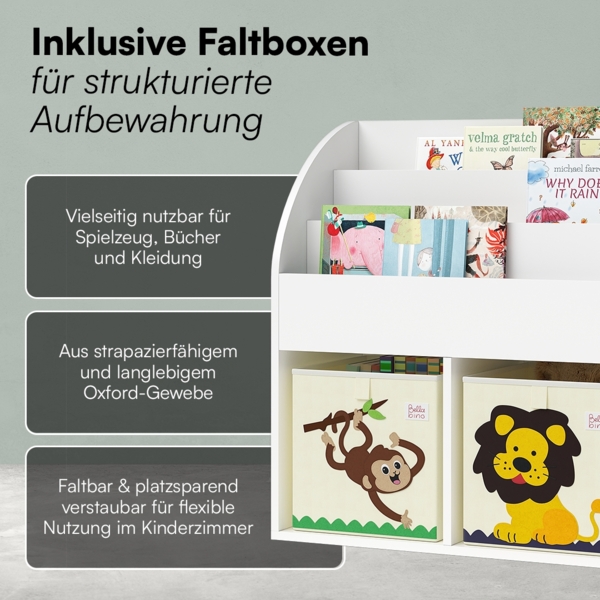 Bellabino 'Koro' Kinderbücherregal, weiß, Kinderregal mit 3 Fächern für Bücher und 2 Fächern für Boxen, inkl. 2 Faltboxen (Affe/Löwe) Bild 6