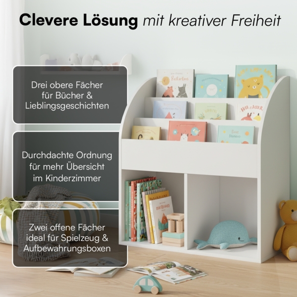 Bellabino 'Koro' Kinderbücherregal, weiß, Kinderregal mit 3 Fächern für Bücher und 2 Fächern für Boxen, inkl. 2 Faltboxen (Affe/Löwe) Bild 4