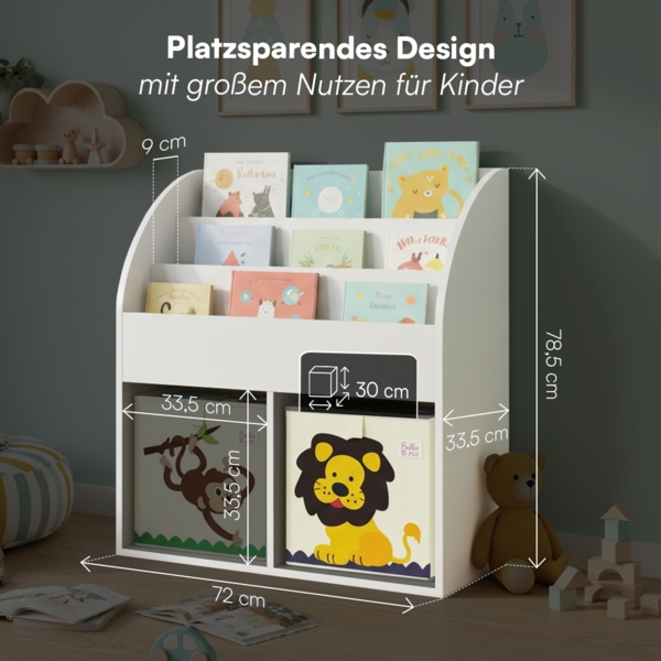 Bellabino 'Koro' Kinderbücherregal, weiß, Kinderregal mit 3 Fächern für Bücher und 2 Fächern für Boxen, inkl. 2 Faltboxen (Affe/Löwe) Bild 8