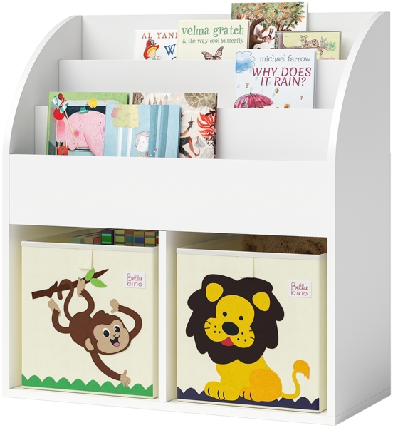 Bellabino 'Koro' Kinderbücherregal, weiß, Kinderregal mit 3 Fächern für Bücher und 2 Fächern für Boxen, inkl. 2 Faltboxen (Affe/Löwe) Bild 1