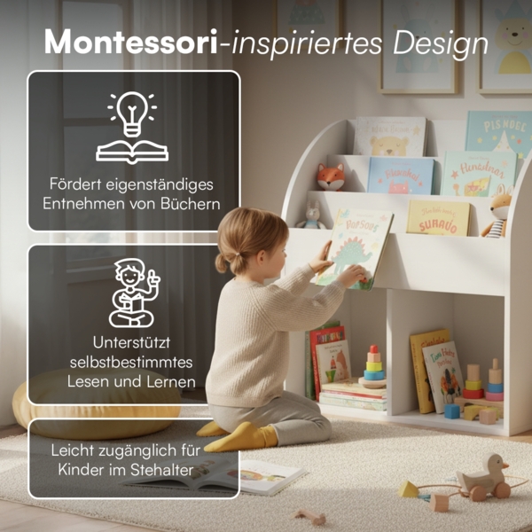 Bellabino 'Koro' Kinderbücherregal, weiß, Kinderregal mit 3 Fächern für Bücher und 2 Fächern für Boxen, inkl. 2 Faltboxen (Affe/Löwe) Bild 3
