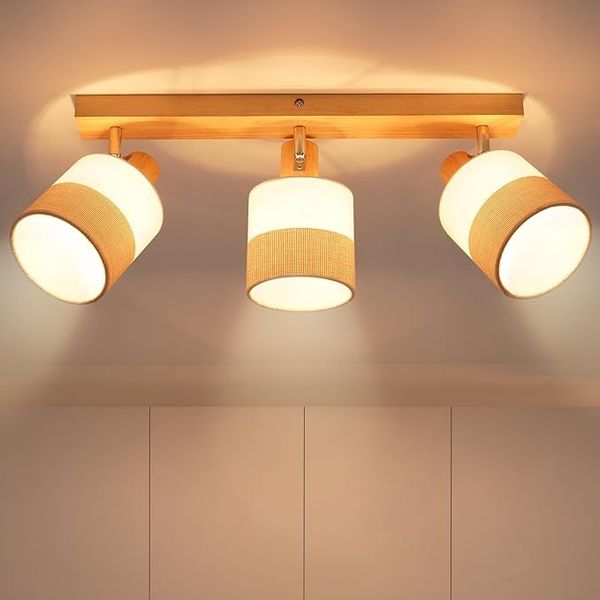 ZMH Deckenstrahler 3 Flammig Deckenlampe Holz - Deckenleuchte Vintage E14 Stoffschirm Retro Schwenkbar 350° Deckenspot MAX. 25W Flur Küche Schlafzimmer Wohnzimmer, Ohne Leuchtmittel