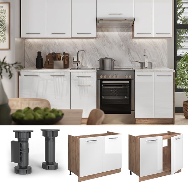 Spülenunterschrank Fame-Line Weiß Hochglanz/Goldkraft Eiche 100 cm, AP Marmor Vicco Bild 3