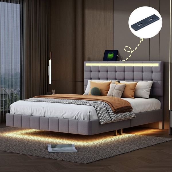 Simurq Polsterbett Bettgestell Dopplebett mit LED-Beleuchtung (1-tlg, LED-Licht mit 16 Farben und Fernbedienung,Versteckte Füße), Schwebendes Bett mit Verstellbares Kopfteil,Lattenrost, Leinenoptik
