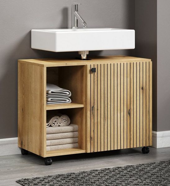 Furn. Design Waschbeckenunterschrank Bliss (Badschrank in Evoke Eiche mit schwarz, 4 Fächer, Breite 80 cm) auf Rollen