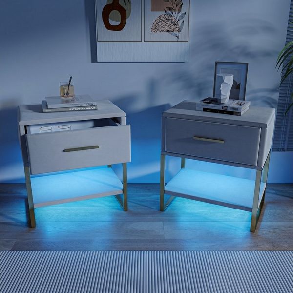 Gdood Nachttisch LED Wohnzimmertisch Ablagetisch Schreibtisch (2-St, Perfekt für Wohnzimmer und Schlafzimmer), Beistelltisch mit LED-Beleuchtung Schubladen, Metallbeine