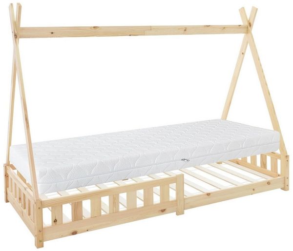 ML-DESIGN Spielbett Hausbett Tipi Zeltbett inkl. Lattenrost Bodenbett Kinder Himmelbett, Abenteuerbett mit Rausfallschutz Zelt Kinderbett Kiefer Natur