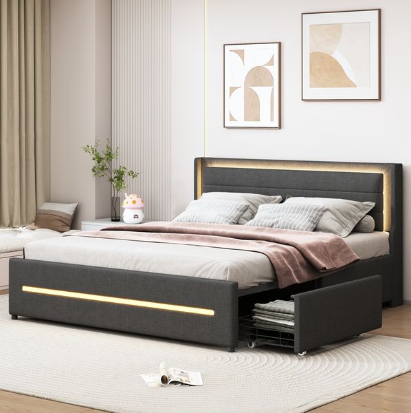 Polsterbett 160x200 cm aus Leinen mit LED-Beleuchtung und Bettkasten – modernes Komfortdesign