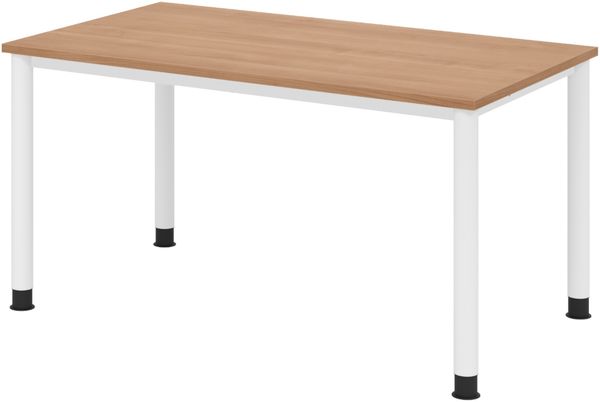 bümö höhenverstellbarer Schreibtisch H-Serie 140x80 cm in Nussbaum, Gestell in Weiß - PC Tisch für's Büro manuell höhenverstellbar, Computertisch verstellbar, HS-14-N-W