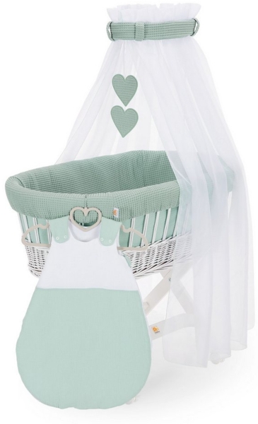 FabiMax Stubenwagen Weiß lackiert, 2 in 1 Musselin / Waffelpiqué Komplettset Grün mit Schlafsack
