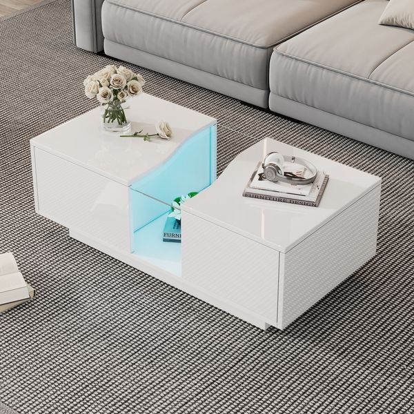 Couchtisch 100×50×35 cm Weiß Hochglanz mit LED App-Steuerung, MDF Acryl Hohldesign, 2 Schubladen, moderner Wohnzimmertisch