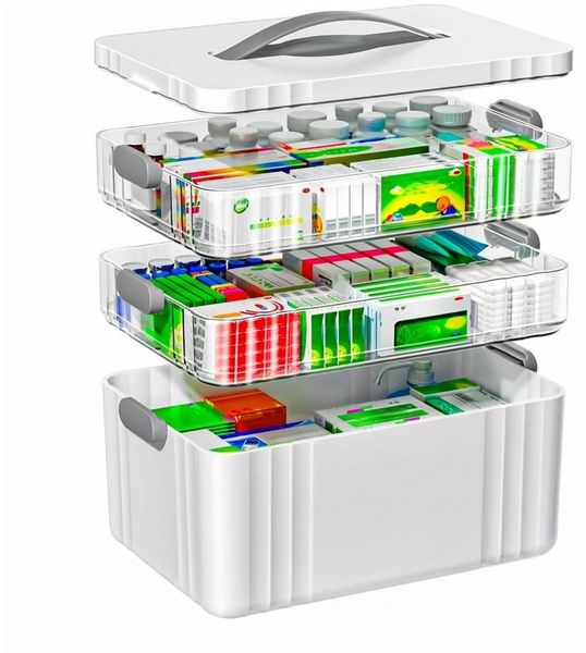 POPOLIC Aufbewahrungsbox Transparente Medikamentenaufbewahrungsbox, dreistufig, tragbar