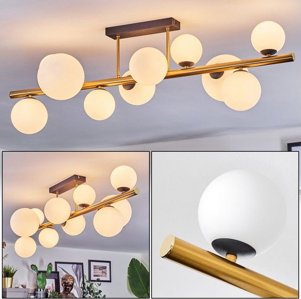 hofstein Deckenleuchte Deckenlampe aus Metall/Milchglas in Schwarz/Goldfarben/Weiß, Deckenleuchte im Retro/Vintage-Design (Schirme Ø 10, 12, 15 cm), 10xG9