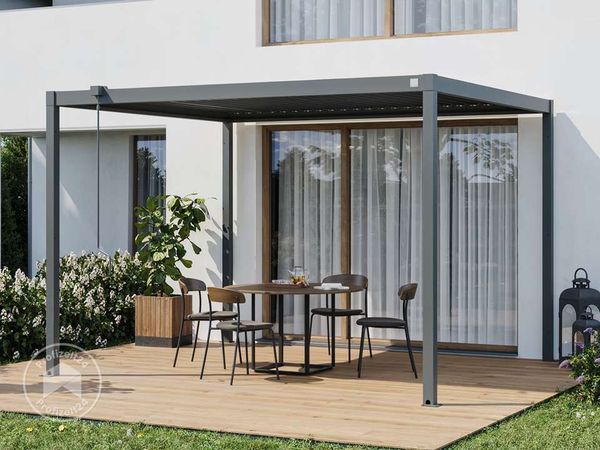 PRIMEYARD Pergola 3x3,5 m Pfosten und Lamellendach aus Stahl - anthrazitfarbene Terrassenüberdachung