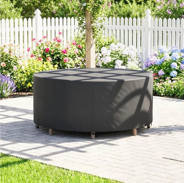Outsunny Gartenmöbel-Schutzhülle Anti-UV Abdeckhaube aus 420D Oxford Gewebe (Wasserdicht Abdeckung, 1-St, Winterfest Abdeckplane), für Gartentische Terrassenmöbel Stapelstühle Ø214 x 70H cm, Schwarz