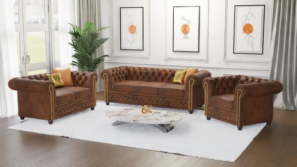 S-Style Möbel Polstergarnitur Chesterfield Anton 3+2+1 aus Vintage Optik Microfaser mit Holzfüßen, (1x3-Sitzer-Sofa, 1x2-Sitzer-Sofa, 1x Sessel), mit Wellenfederung