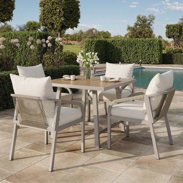 Celya Gartenlounge-Set Garten-Essgruppe, Gartenmöbel-Set, Geeignet für 4 Personen, (Khaki + Beige, Tischplatte aus Kunststoffholz, geflochtenem Seildesign), bestehend aus 1 Tisch und 4 Stühlen, verzinktem Stahlrohr