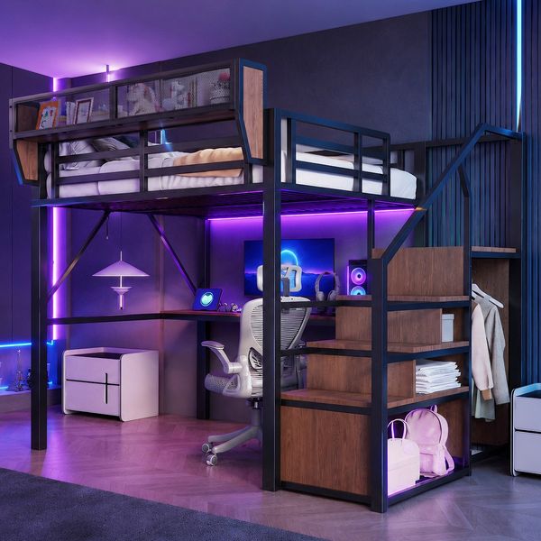 Merax Hochbett (140x200 cm), Kinderbett, Metallbett mit LED-Lichtleiste, langem Schreibtisch, Sicherheitsleiter und flexiblem Stauraum, Schwarz