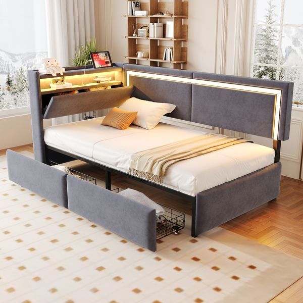 Polsterbett 90×200 cm mit LED, USB und Stauraum im Kopfteil, Dunkelgrau, ohne Matratze