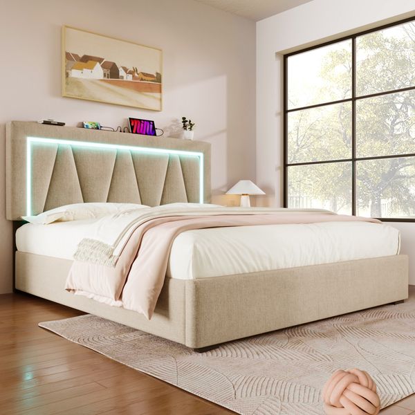 Polsterbett 160×200 cm aus Leinen-Stoff mit LED-Beleuchtung & USB-C-Ladestation, beige