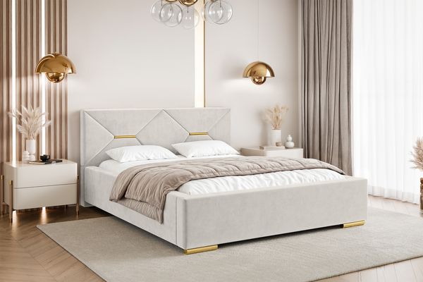 MEBLINI Polsterbett 180x200 mit Lattenrost mit Matratze – LIZZY – Creme Samt – Doppelbett mit Bettkasten - Stauraumbett - Kopfteil Bett mit Stauraum
