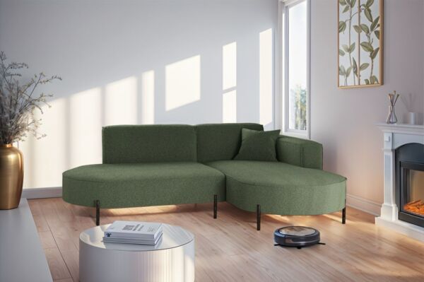 Ecksofa Designersofa VALENCIA XS in Stoff Quelle Grün Ottomane Rechts