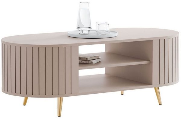 yourhouse24 Couchtisch LINNEA Oval 104cm mit Ablage Lamellen Kaschmir/Schwarz (1x Couchtisch), Ovale Form im Lamellen-Design