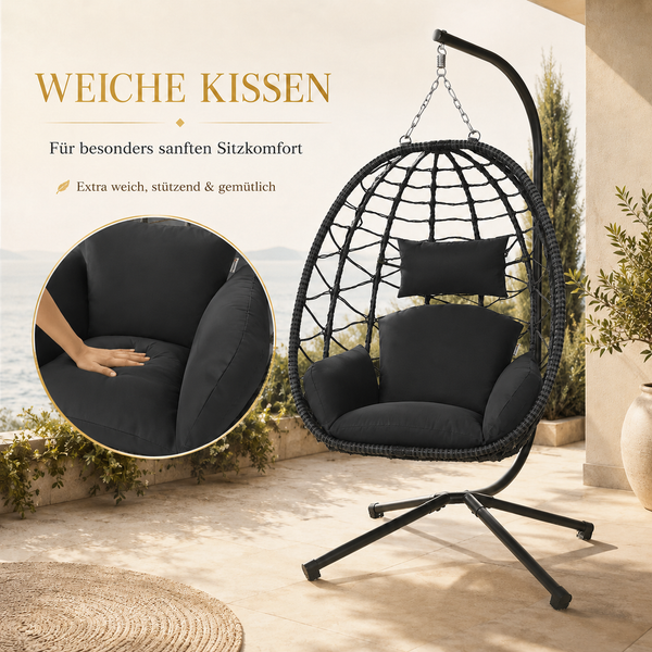 Makika Hängesessel mit Gestell, höhenverstellbar aus Polyrattan, Schwarz, 95 x 93 x 197 cm