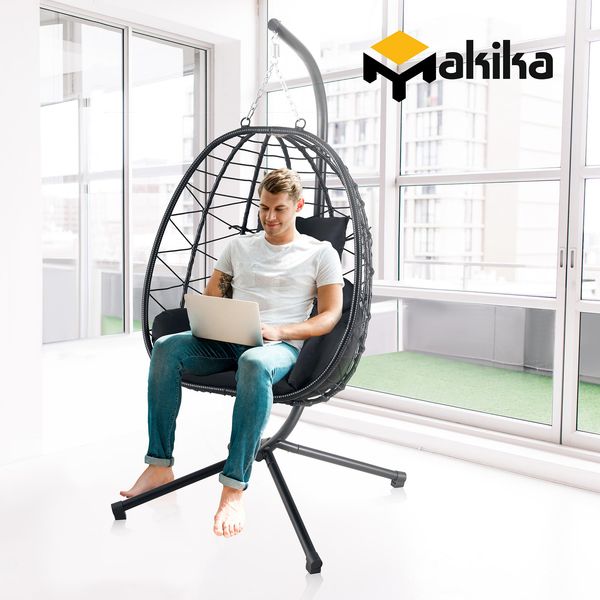 Makika Hängesessel mit Gestell, höhenverstellbar aus Polyrattan, Schwarz, 95 x 93 x 197 cm