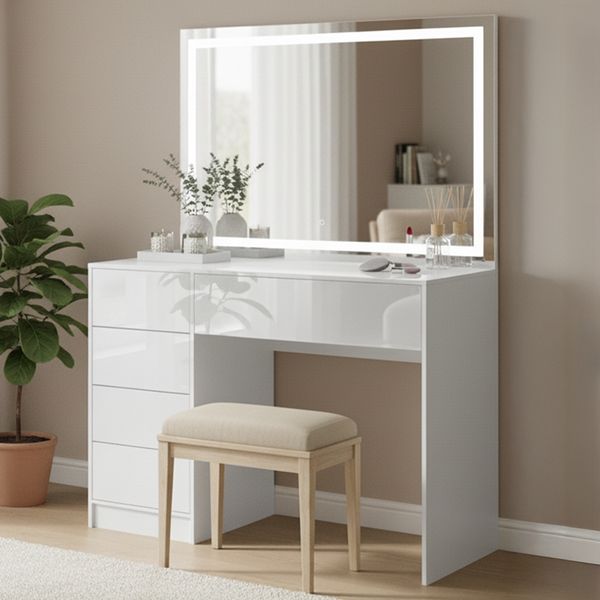 Bellamio 'Livny' Schminktisch mit Spiegel, LED-Beleuchtung, mit 5 Schubladen, beidseitig montierbar, weiß Hochglanz, 80x53x110 cm, LED-Beleuchtung mit mit 3 einstellbaren Lichtfarben