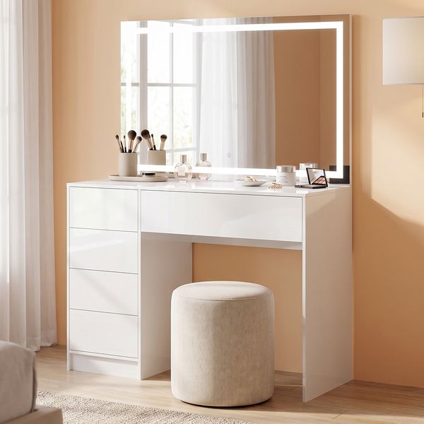 Bellamio 'Livny' Schminktisch mit Spiegel, LED-Beleuchtung, mit 5 Schubladen, beidseitig montierbar, weiß Hochglanz, 80x53x110 cm, LED-Beleuchtung mit mit 3 einstellbaren Lichtfarben