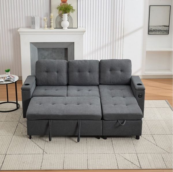 Merax Schlafsofa L-förmiges Ecksofa mit LED-Ambiente & USB/Typ-C, 208×146×89,5 cm 1 Teile, 3-in-1 Klappsofa mit verstecktem Stauraum,Getränkehalter,Seitentaschen