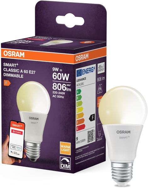 Osram SMART LED Lampe A60 Kolbenform E27, 9W ZigBee 3.0, dimmbar 2700K warmweiß, App Steuerung, Alexa, Google Assistant