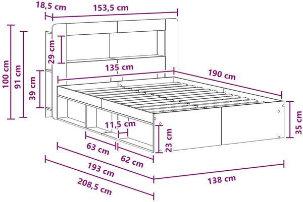 vidaXL Bettgestell mit Stauraum Altholz 135 x 190 cm Holzwerkstoff 3433482 Bild 9