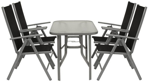TPFGarden Garten-Essgruppe CHELMSFORD, (Gartensitzgruppe - 5-teilig - Gestell aus Aluminium / Stahl grau, 5-tlg, Sitzfläche Bezug Kunstgewebe schwarz, Tischplatte Glas), (4x Klappsessel mit Armlehnen, 1x Tisch 120x70 cm)