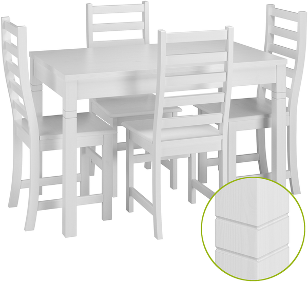 Schöne Essgruppe mit Tisch und 4 Stühlen in kiefer Massivholz waschweiß 90.70-51 B W-Set 21