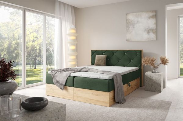 Boxspringbett Schlafzimmerbett HELIOS PREMIUM 200x220cm in Stoff Rouge Dunkelgrün