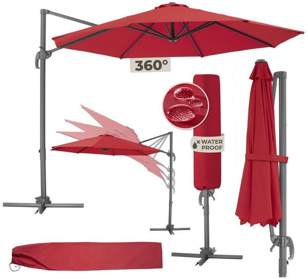 tectake Ampelschirm Sonnenschirm mit Winddach, UV-Schutz 50+, Inkl. Schutzhülle, Ø 300, Balkonschirm Daria, für Außen in Weinrot, leichtgängiger Mechanismus mit Fußpedal, 6 einstellbare Neigungsstufen