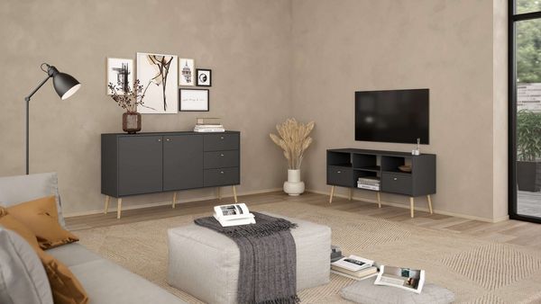 andas TV-Board Bodo TV-Möbel, TV-Unit, Mediamöbel, Regal, 2 Schubladen und 4 offene Fächer, Beine und Griffe aus Massivholz