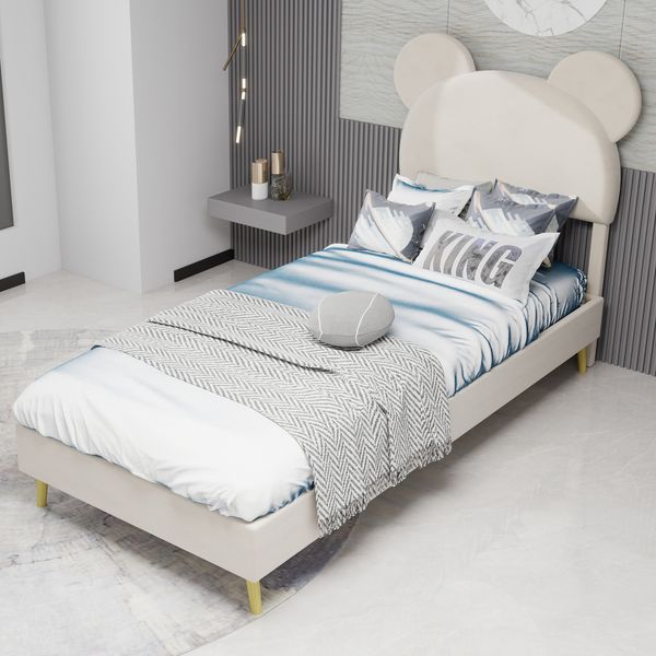Flieks Kinderbett 90x200cm, Polsterbett mit Cartoon-Kopfteil, Einzelbett mit Holzbeinen, Samt, Beige