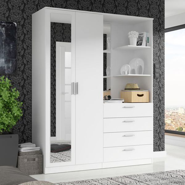 Forte DEWANIA Kleiderschrank 160, Schrank mit offenen Regalfächern und Spiegel, Holzwerkstoff, Weiß, 159,3 cm breit, 203,4 cm hoch, 52,7 cm tief