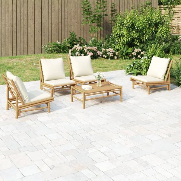 vidaXL 5-tlg. Garten-Lounge-Set mit Cremeweißen Kissen Bambus 3156487