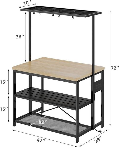 GarveeMore Kücheninsel mit 3-stöckige Aufbewahrung,5 Haken für Esszimmer und Wohnzimmer, Küchenregal,Bäckerregal,Mikrowellenherdständer,107x71x183cm