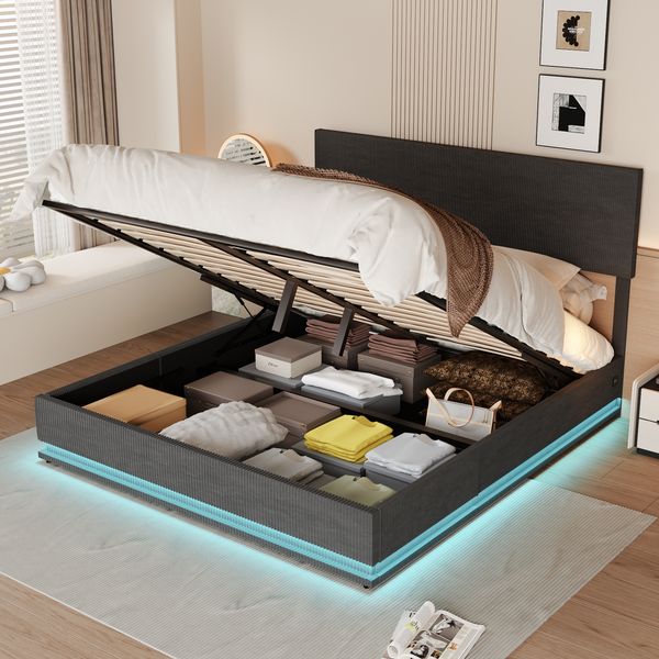 LVHOM Polsterbett mit USB-Anschluss und LED-Beleuchtung, Nadelstreifen Bettgestell, Polsterbett/Doppelbett/Stauraumbett/Boxbett, Weicher, hautfreundlicher Samtstoff, Integriertes Hydrauliksystem, 180 x 200 cm